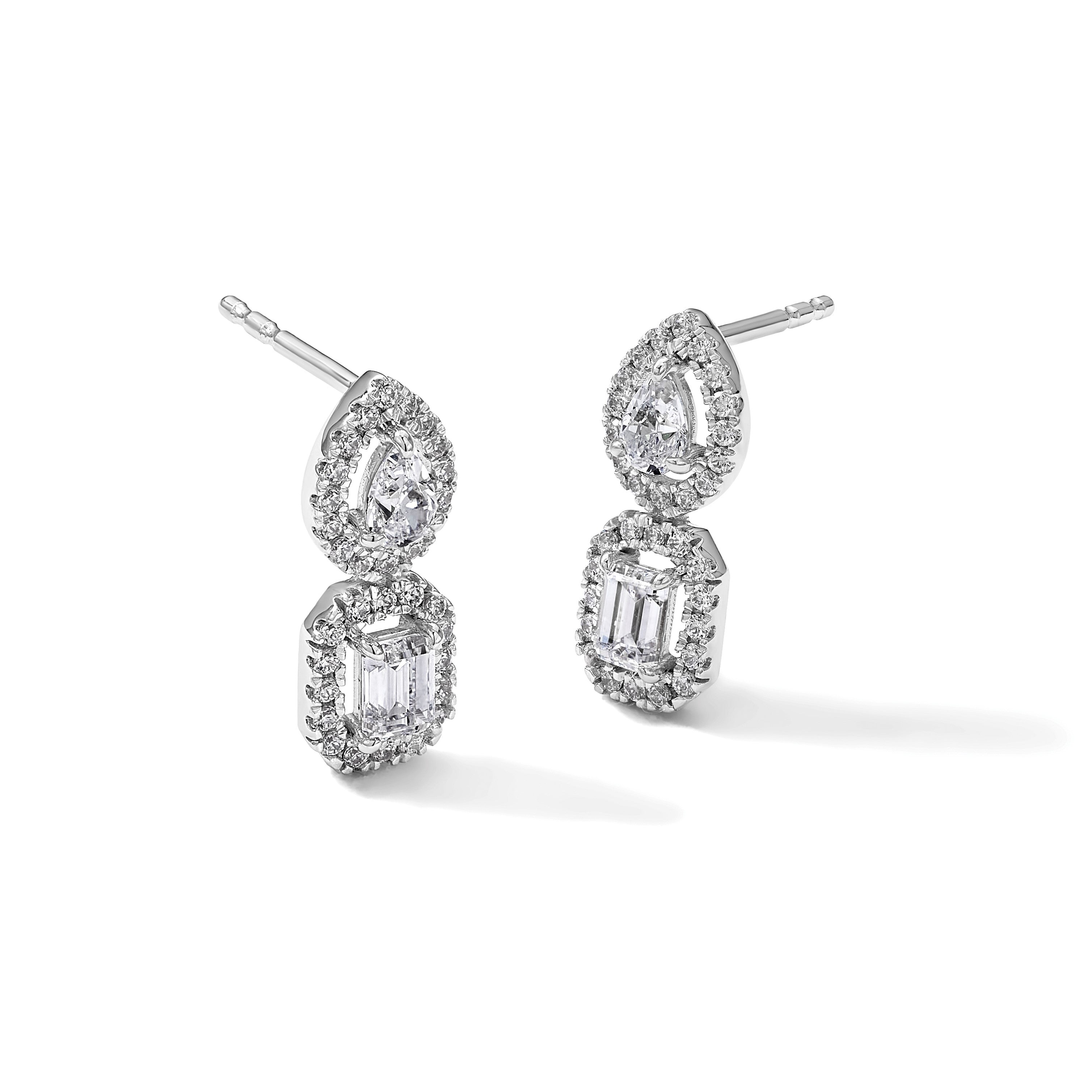 14K Weißgold Ohrhänger mit Stecker-Verschluss, Zweistein-Halo-Fassung, 0,875 ct. im Labor gezüchtete Diamanten, VS/SI+ G+