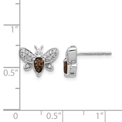 14K Weißgold Ohrringe mit echten Diamanten und Rauchquarz in Bienenform