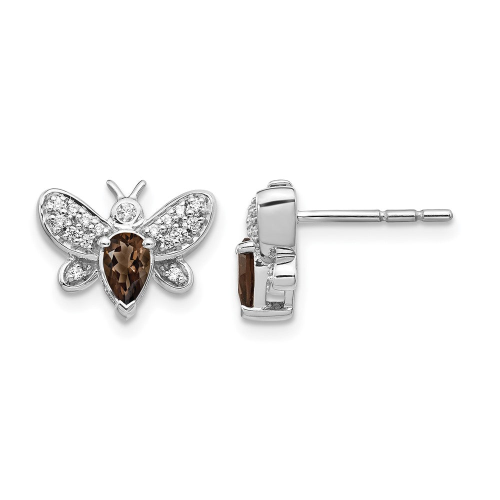 14K Weißgold Ohrringe mit echten Diamanten und Rauchquarz in Bienenform