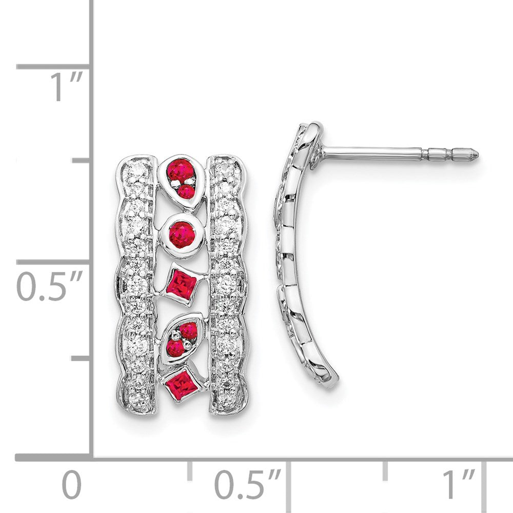 14K Weißgold Ohrhänger mit echten Diamanten und Rubinen, Fantasie-Design