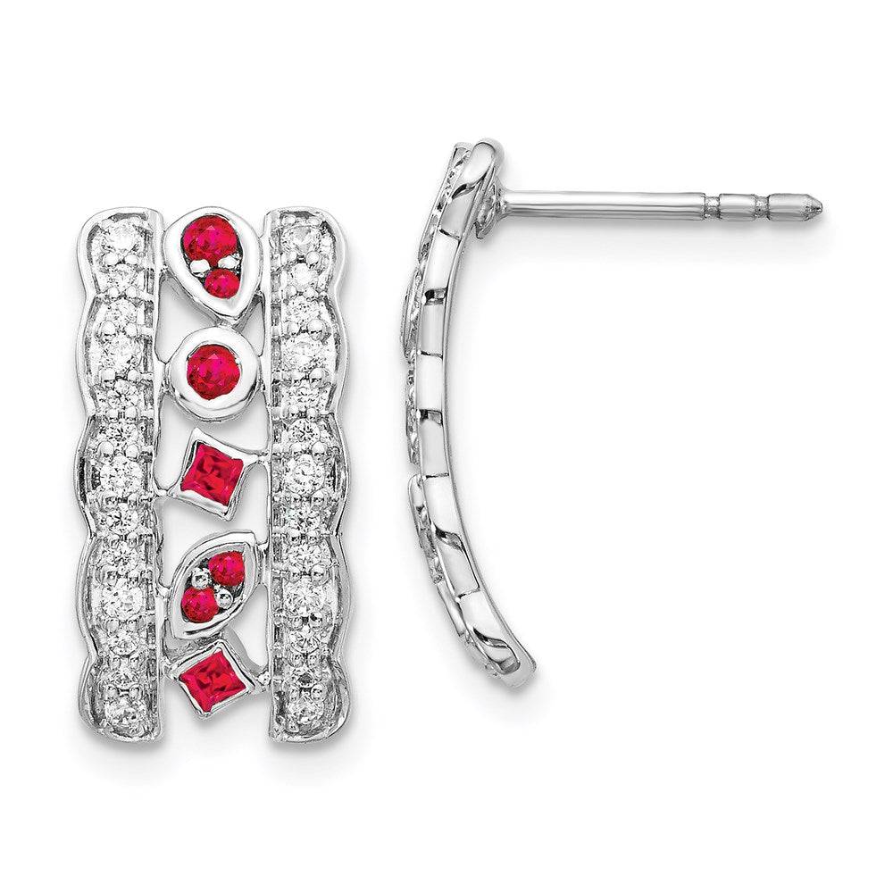 14K Weißgold Ohrhänger mit echten Diamanten und Rubinen, Fantasie-Design