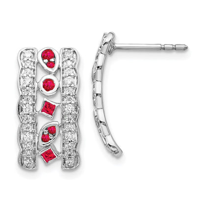 14K Weißgold Ohrhänger mit echten Diamanten und Rubinen, Fantasie-Design