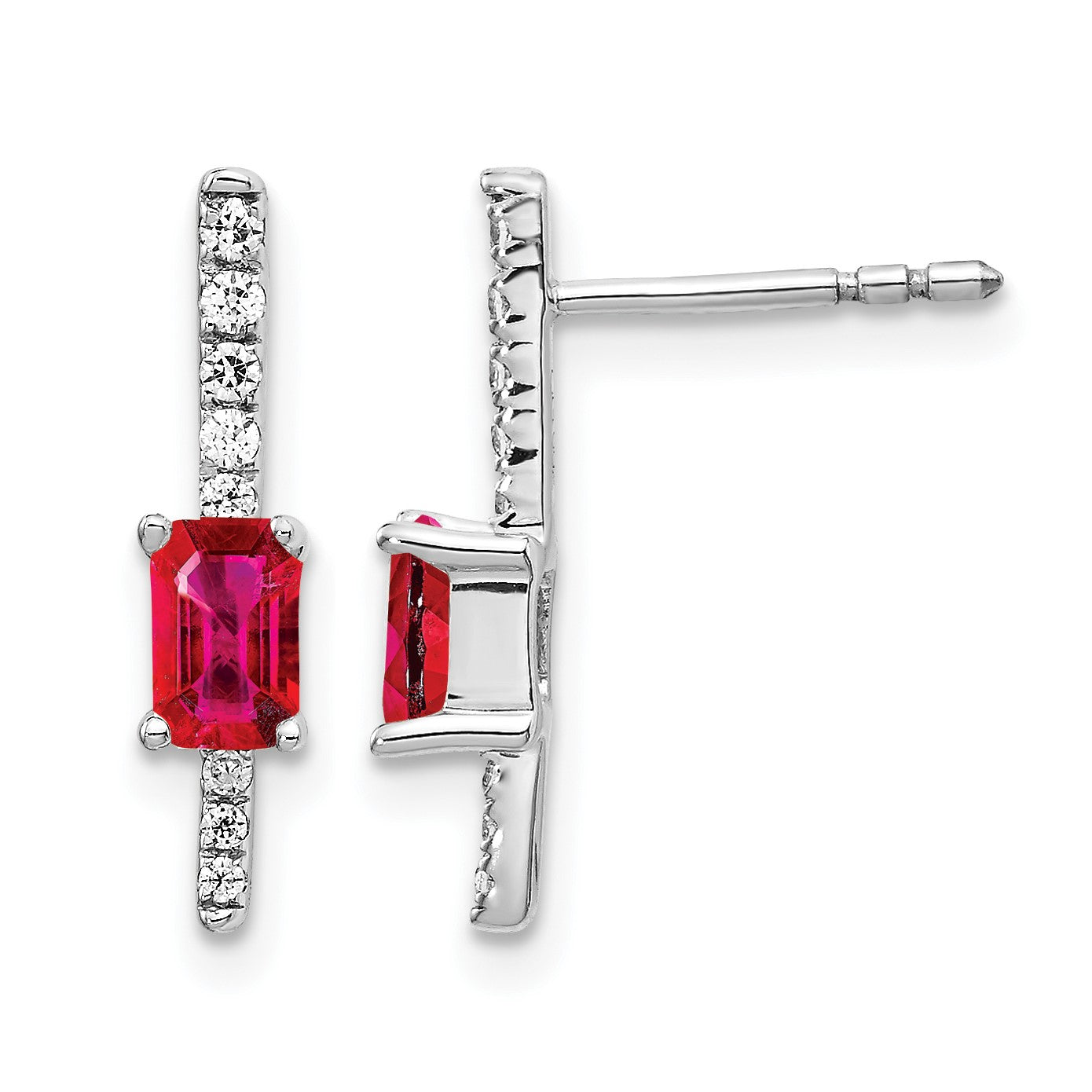 14K Weißgold Ohrringe mit echten Diamanten und Rubinen, Fantasie-Design