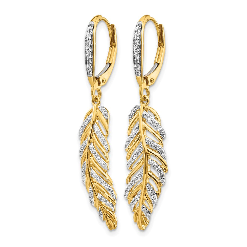 14K Gelbgold Ohrhänger mit echten Diamanten in Feder-Design mit Leverback-Verschluss