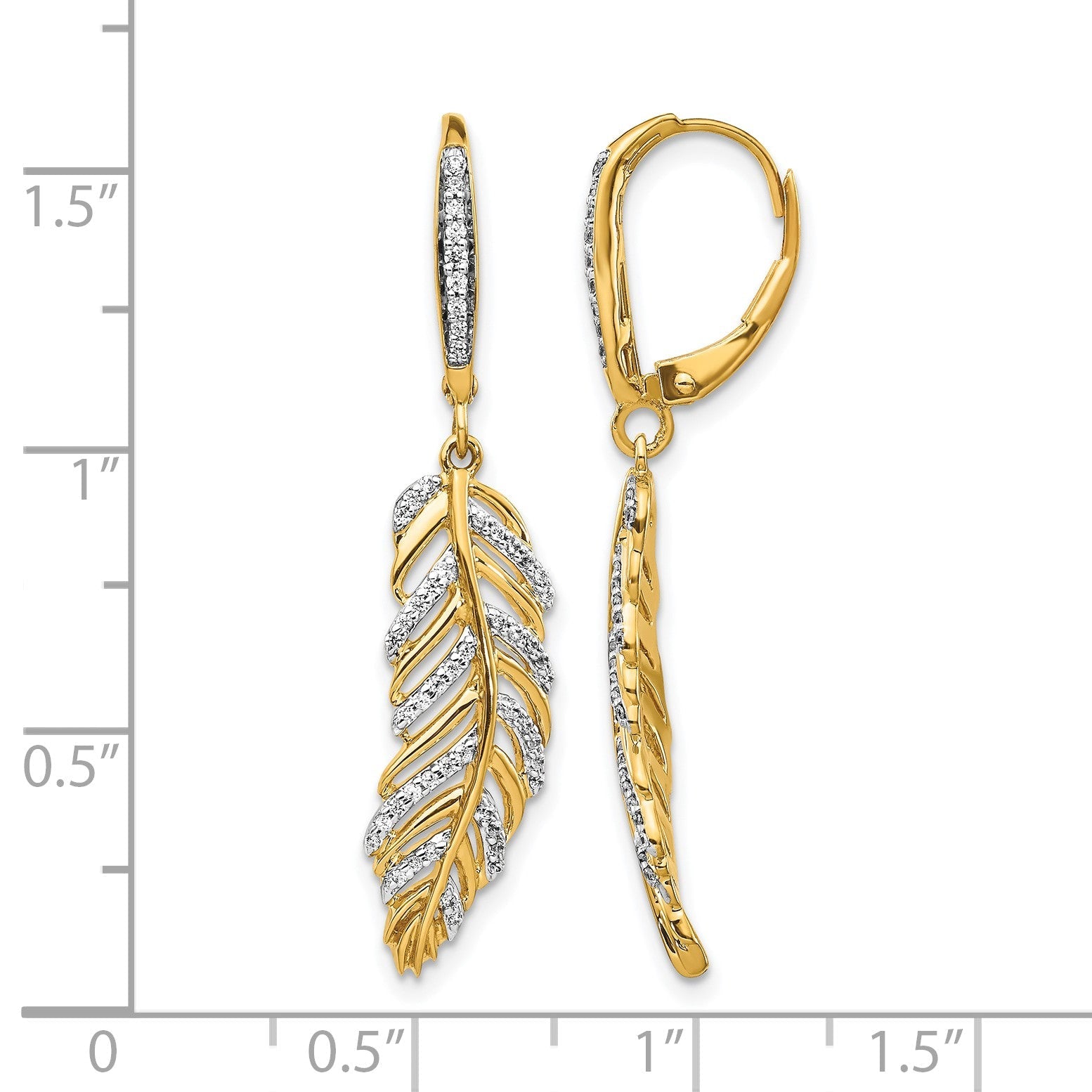 14K Gelbgold Ohrhänger mit echten Diamanten in Feder-Design mit Leverback-Verschluss