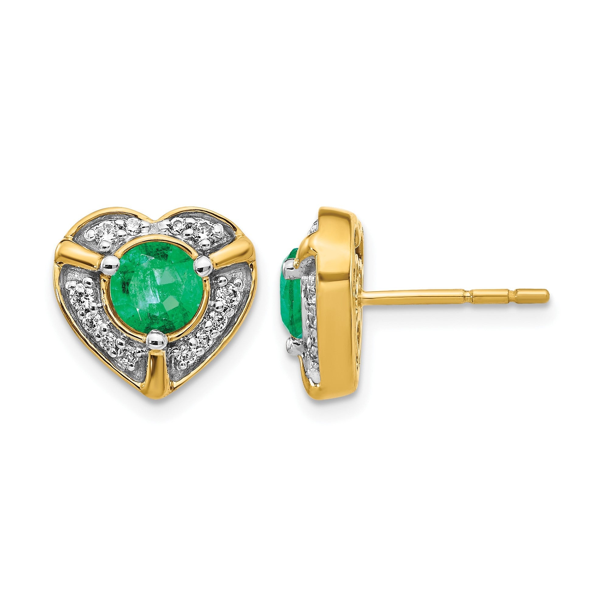 14K Gelbgold Ohrringe mit echten Diamanten und Smaragden in Fantasie-Herzform