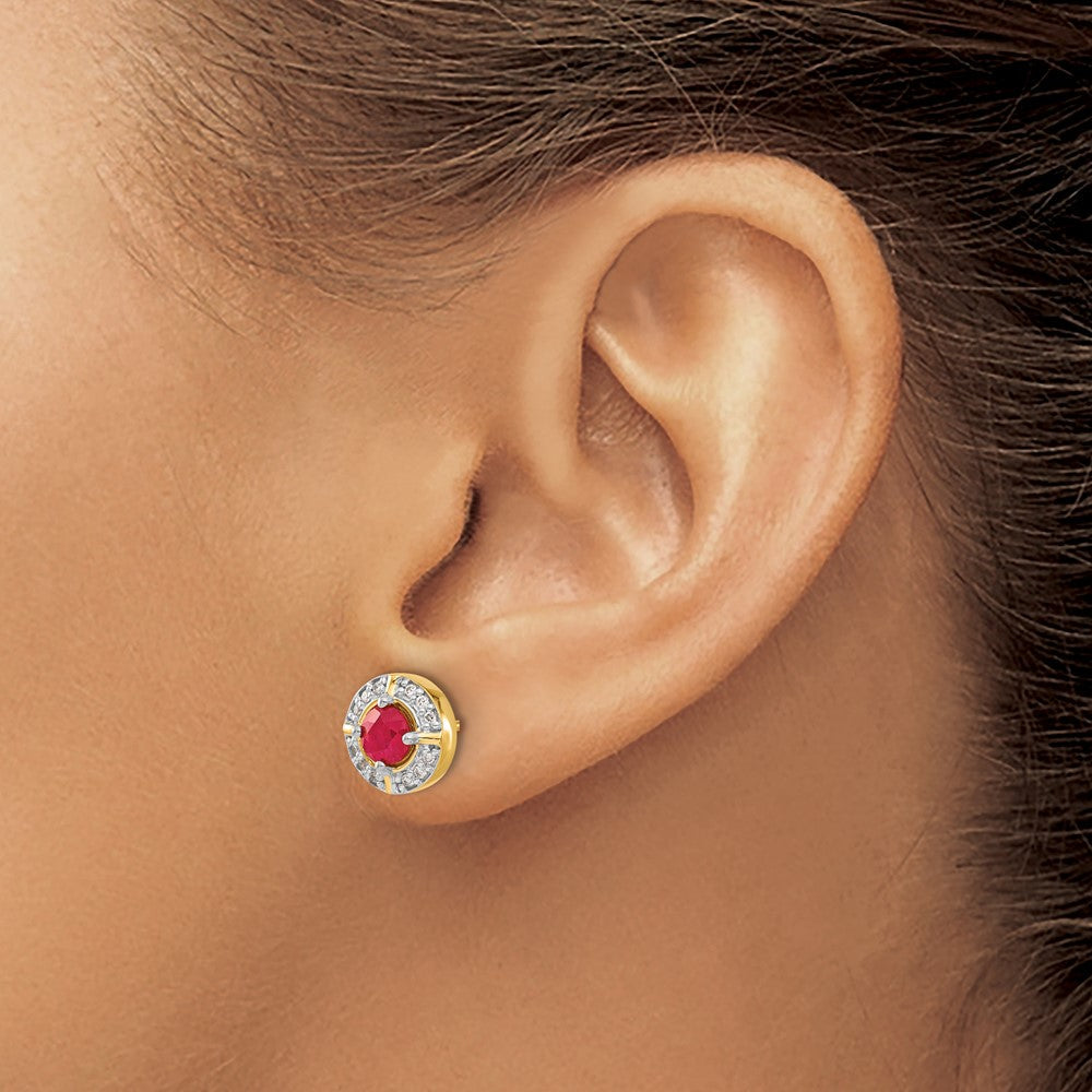 14K Gelbgold Ohrringe mit echten Diamanten und Rubinen im Fancy-Halo-Design