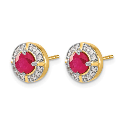 14K Gelbgold Ohrringe mit echten Diamanten und Rubinen, Fancy-Halo-Design