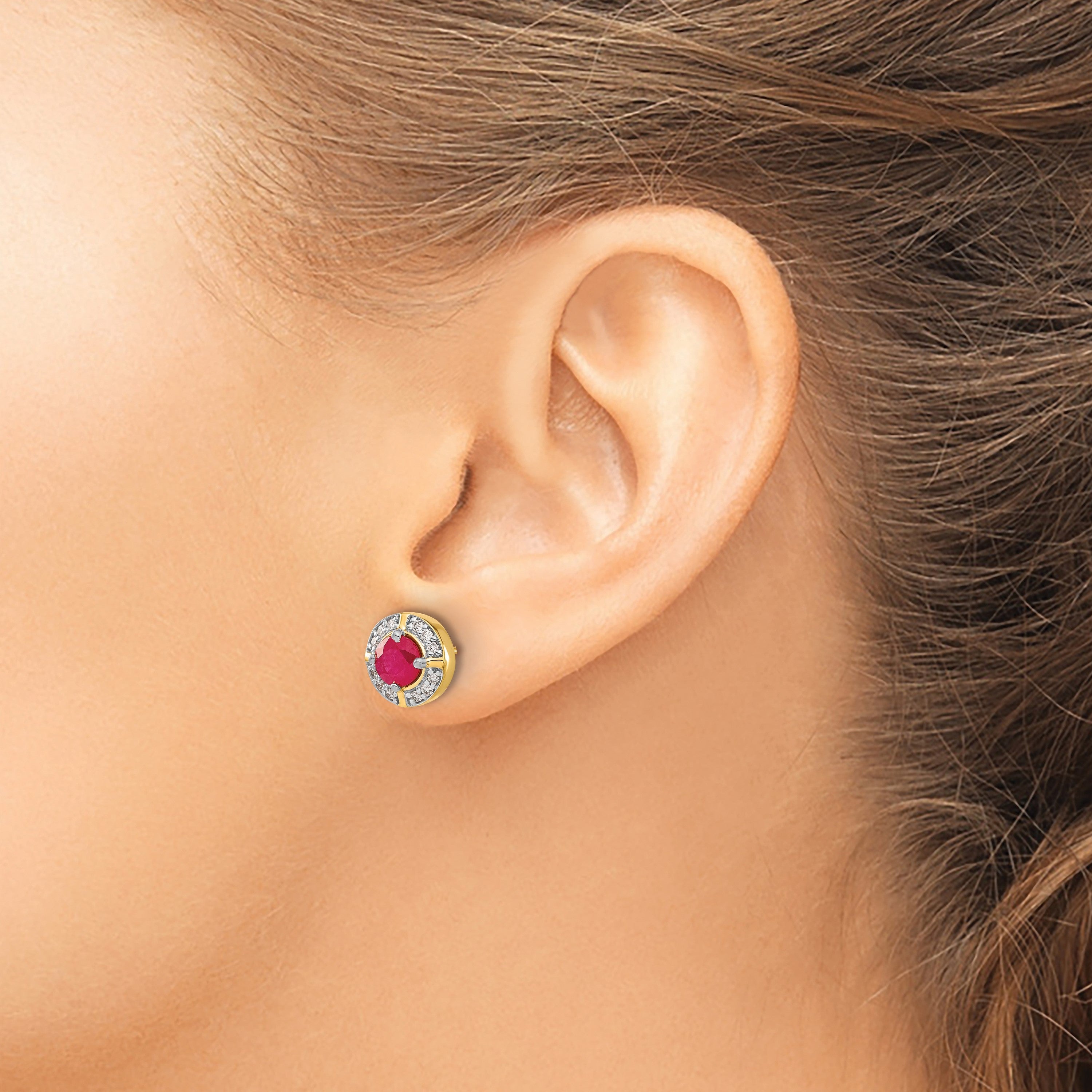 14K Gelbgold Ohrringe mit echten Diamanten und Rubinen, Fancy-Halo-Design