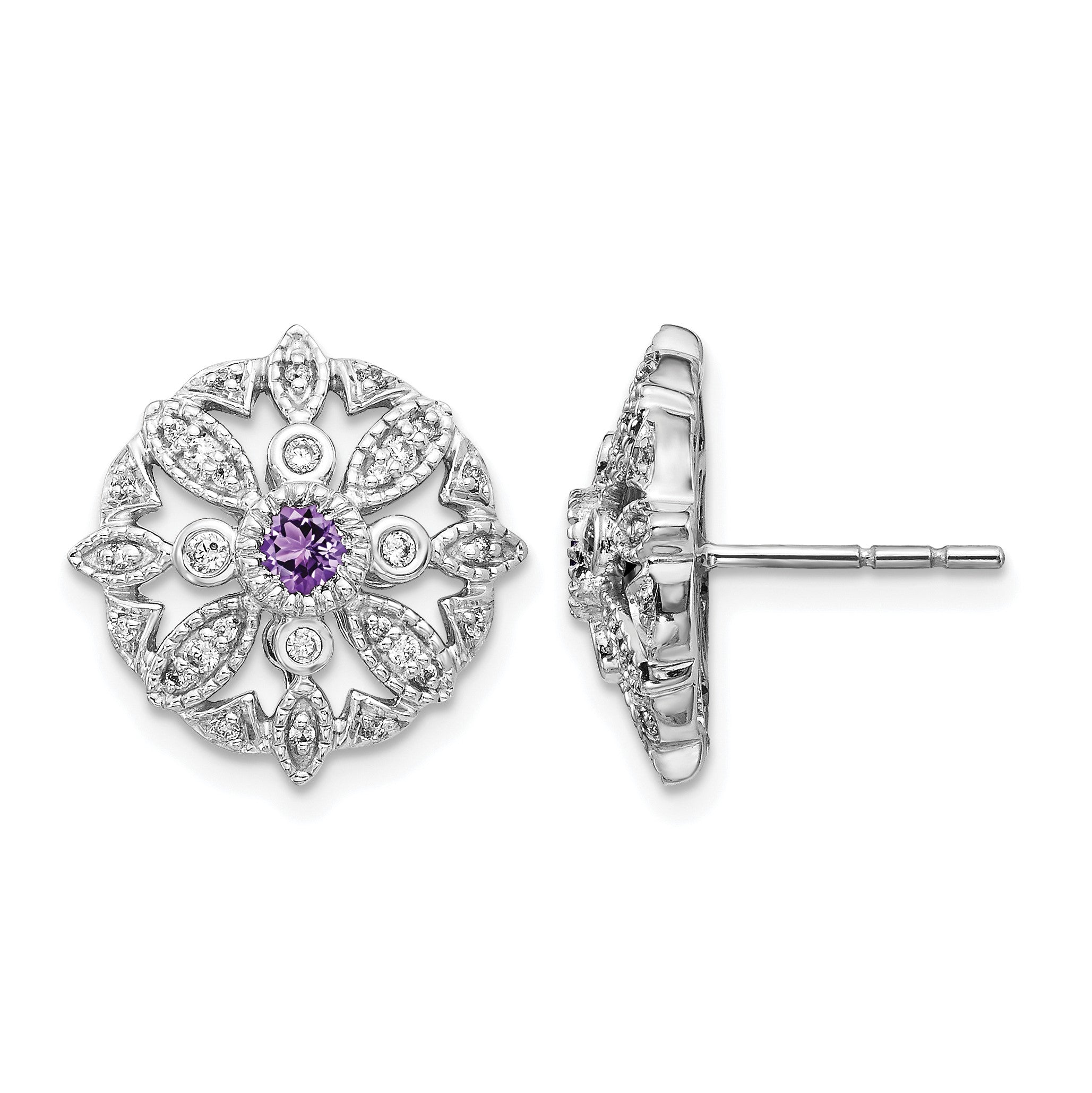 14K Weißgold Ohrringe mit echten Diamanten und Amethyst, Fancy-Design