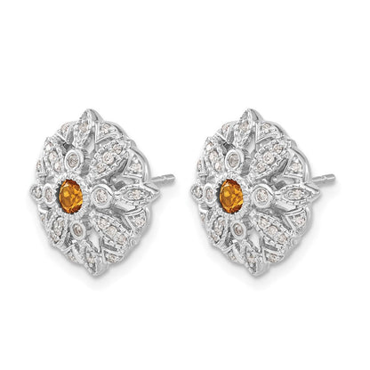 14K Weißgold Ohrringe mit echten Diamanten und Citrin, Fantasie-Design
