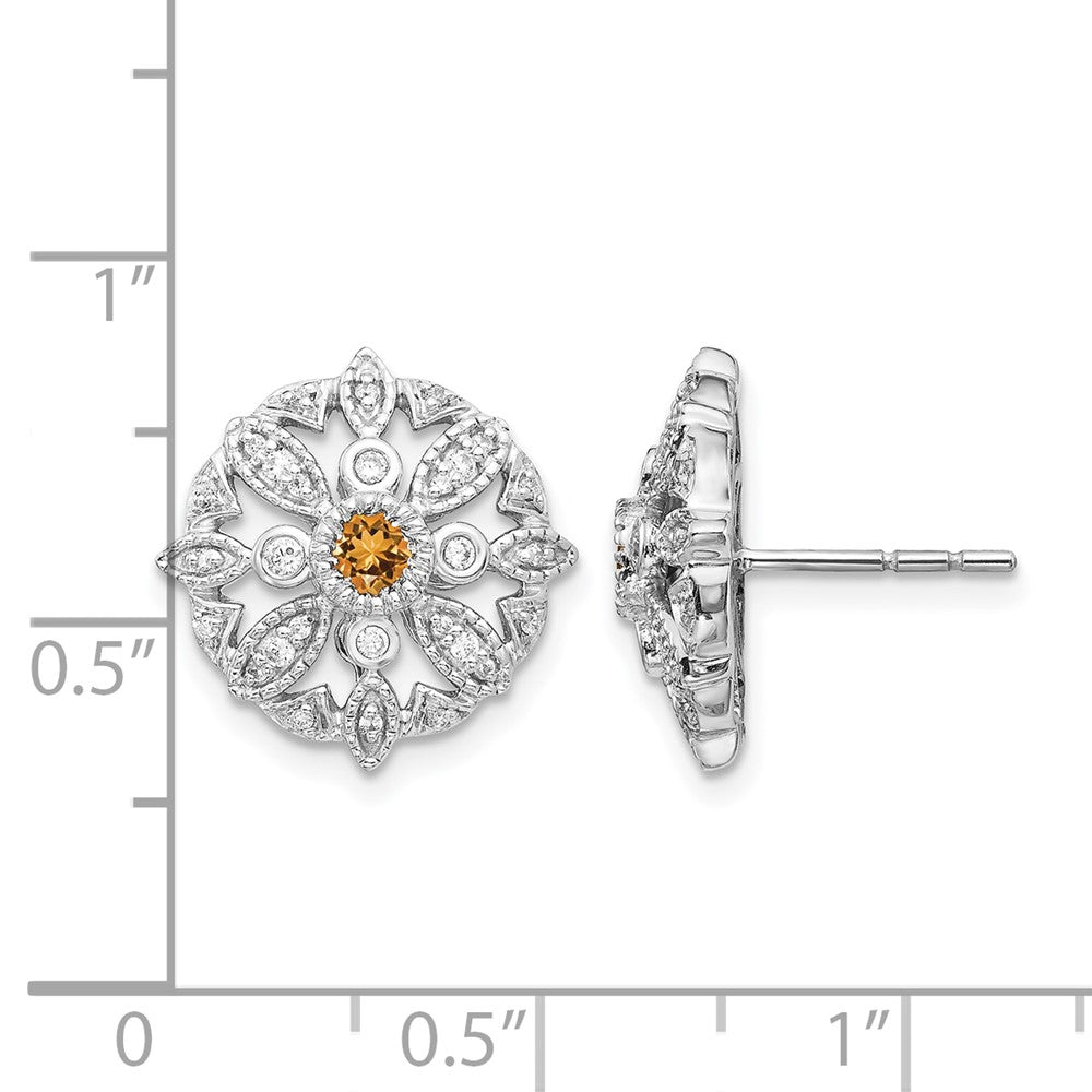 14K Weißgold Ohrringe mit echten Diamanten und Citrin, Fantasie-Design