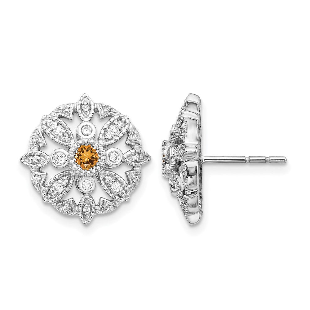 14K Weißgold Ohrringe mit echten Diamanten und Citrin, Fantasie-Design