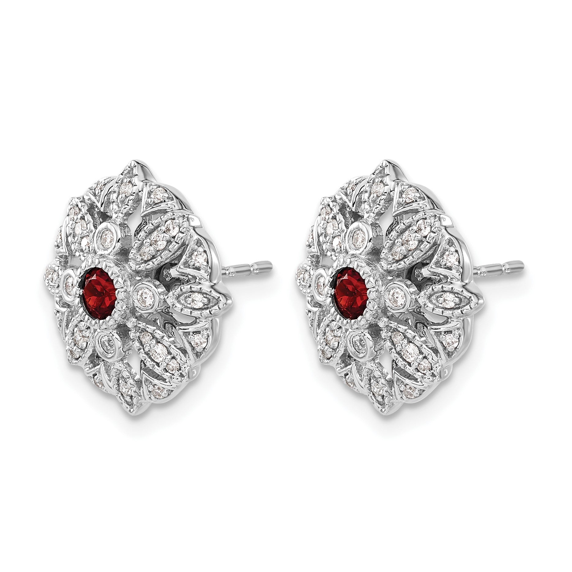 14K Weißgold Ohrringe mit echten Diamanten und Granaten, Fancy-Design