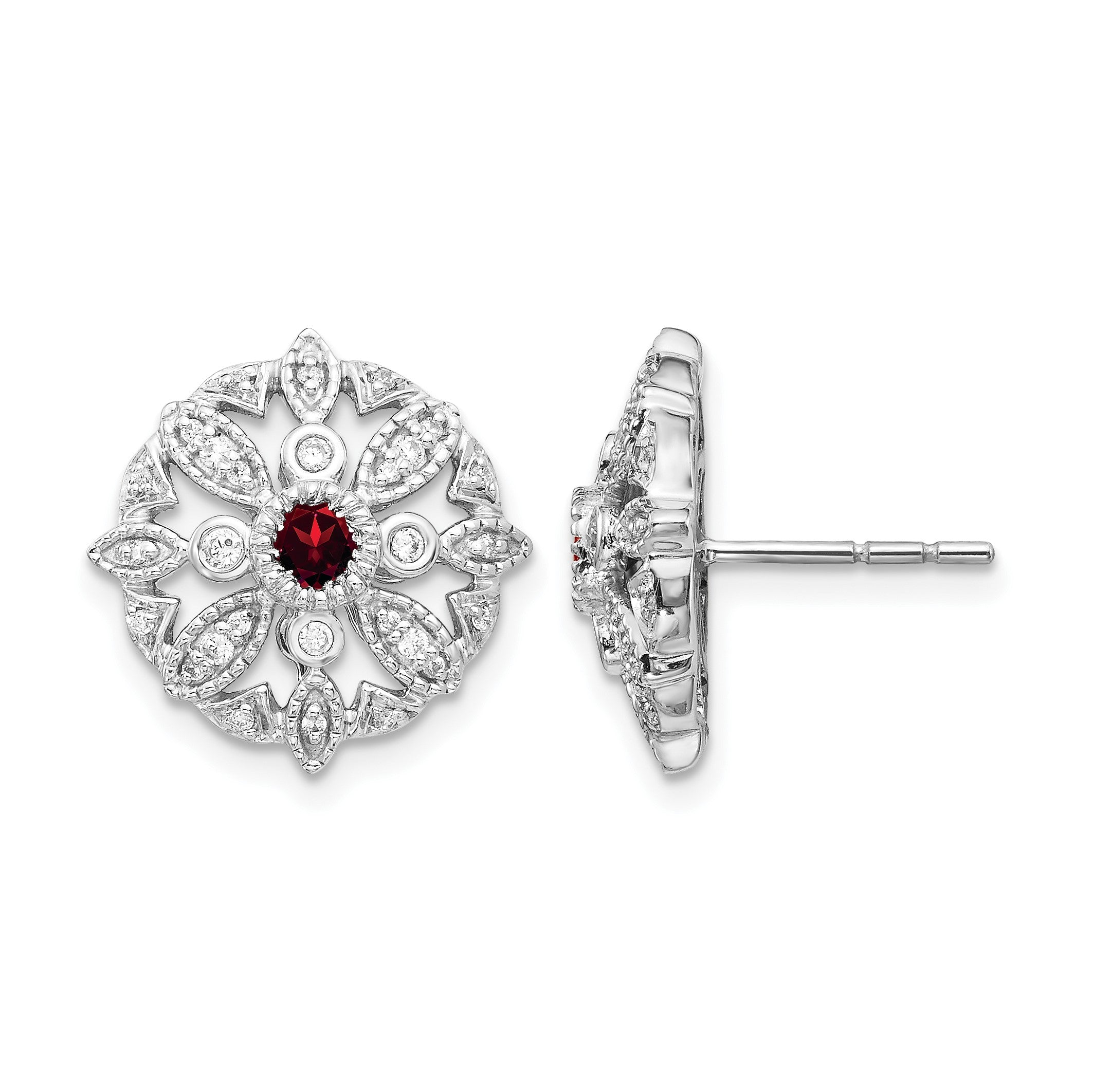 14K Weißgold Ohrringe mit echten Diamanten und Granaten, Fancy-Design