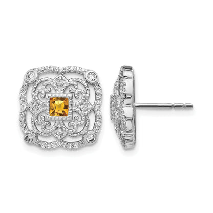 14K Weißgold Ohrhänger mit echten Diamanten und Citrin, Fantasie-Design