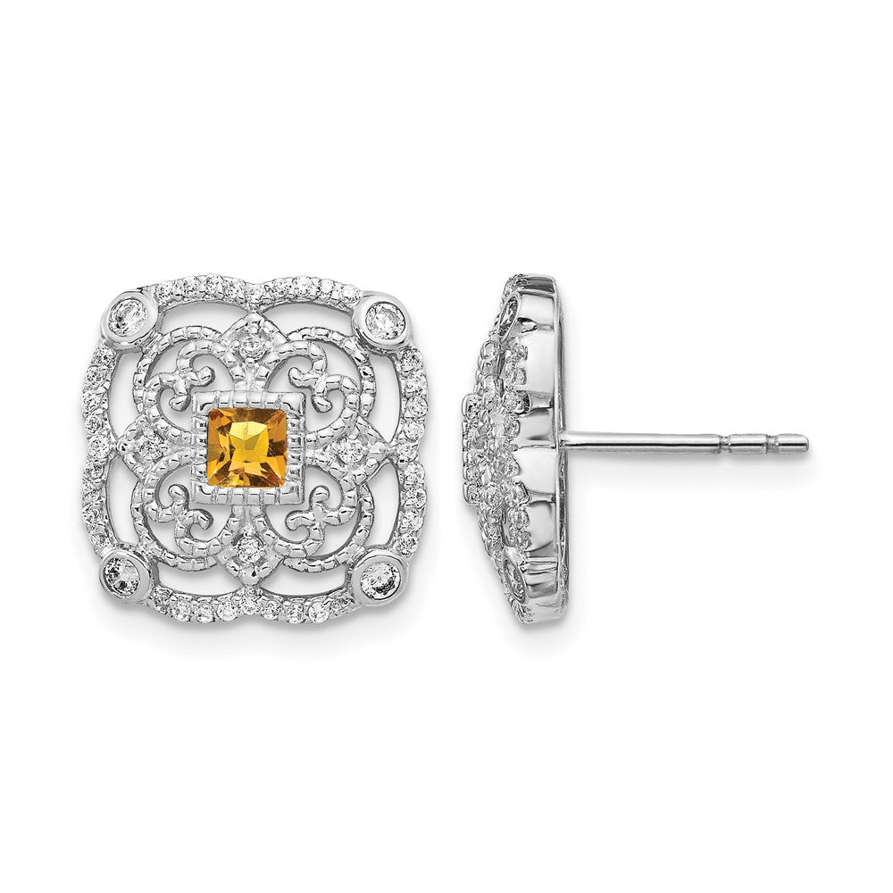 14K Weißgold Ohrhänger mit echten Diamanten und Citrin, Fantasie-Design