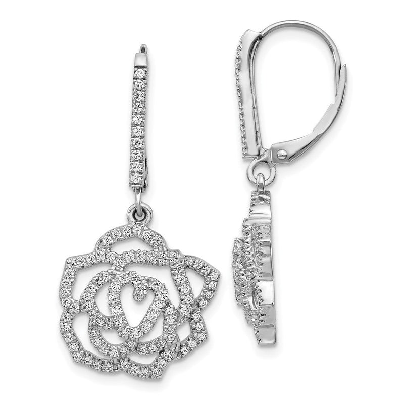 14K Weißgold Ohrringe mit echten Diamanten in Blumen-Design mit Leverback-Verschluss