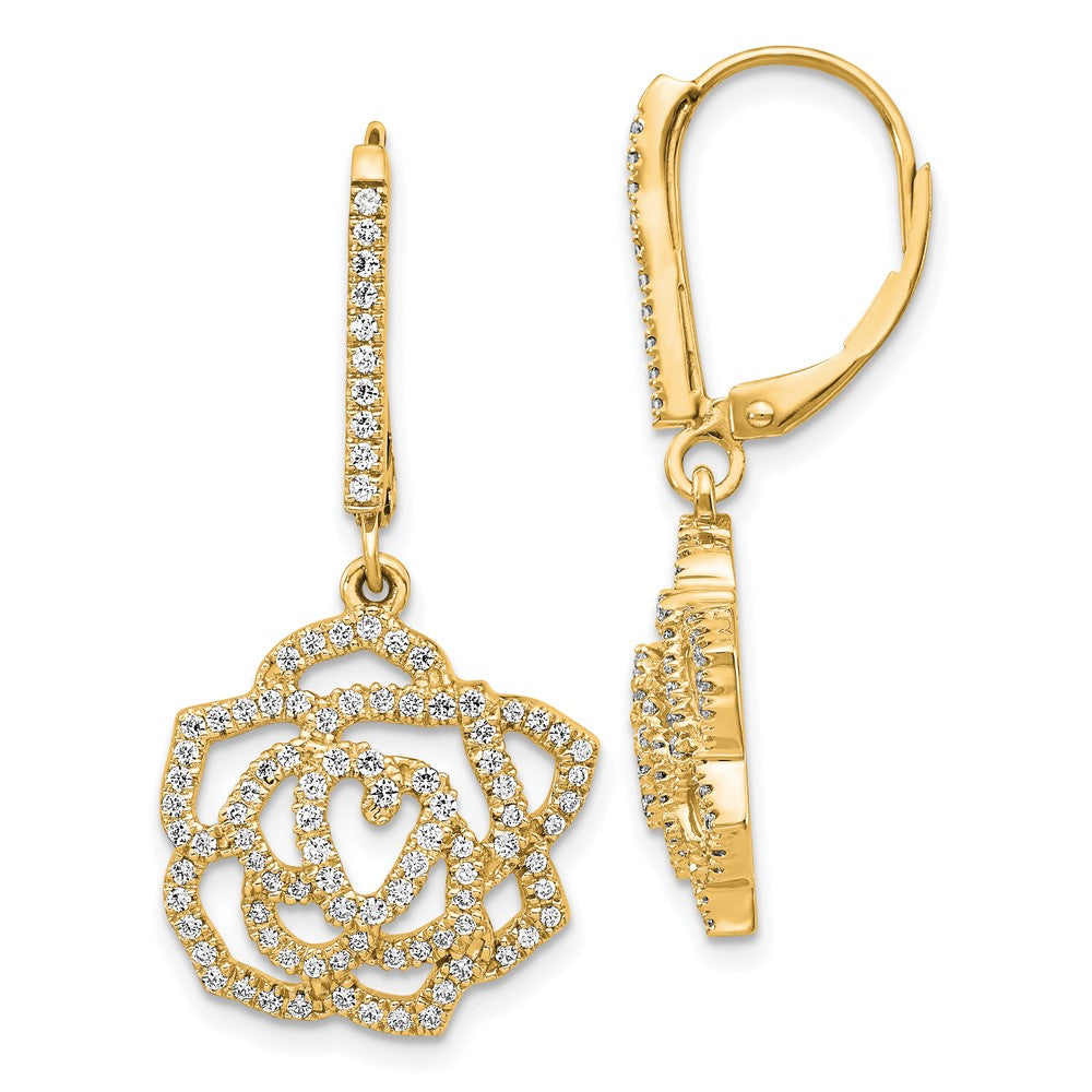 14K Gelbgold Ohrringe mit echten Diamanten in Blumen-Fantasieform mit Leverback-Verschluss