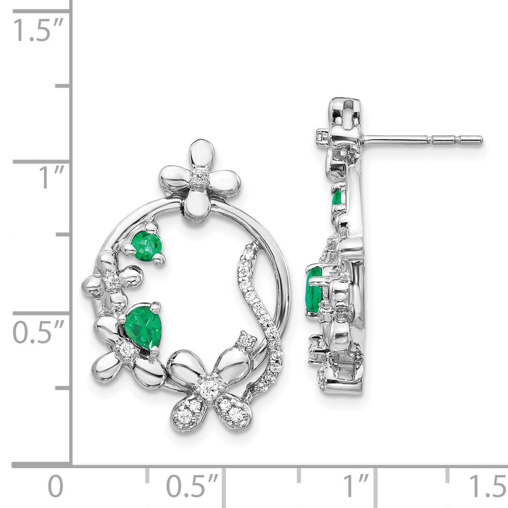 14K Weissgold Ohrringe mit echten Diamanten und Smaragden in Blumenform