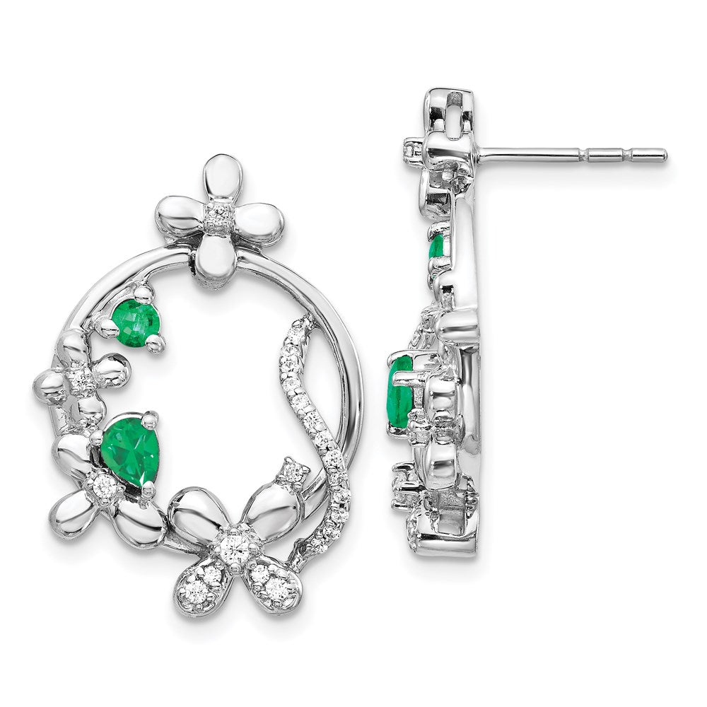 14K Weissgold Ohrringe mit echten Diamanten und Smaragden in Blumenform