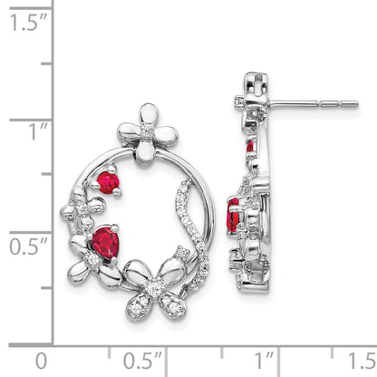 14K Weißgold Ohrringe mit echten Diamanten und Rubinen in Blumenform