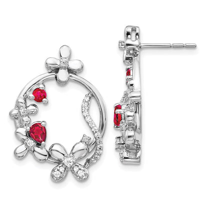 14K Weißgold Ohrringe mit echten Diamanten und Rubinen in Blumenform