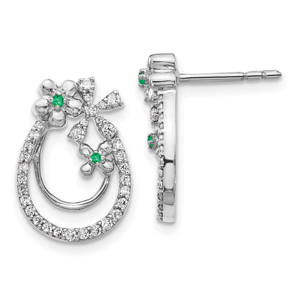 14K Weißgold Ohrringe mit echten Diamanten und Smaragden in Blumenform