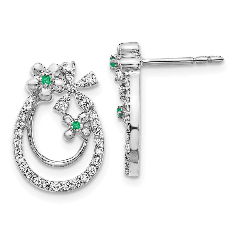 14K Weißgold Ohrringe mit echten Diamanten und Smaragden in Blumenform