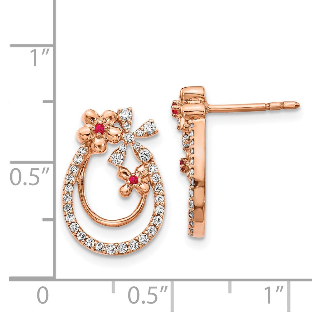 14K Roségold Ohrringe mit echten Diamanten und Rubinen in Blumenform