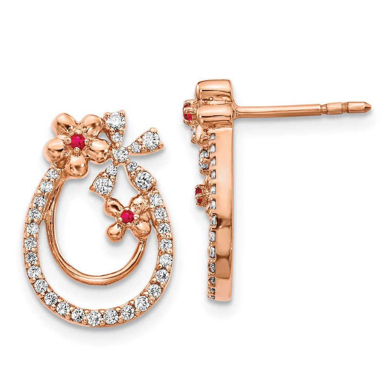 14K Roségold Ohrringe mit echten Diamanten und Rubinen in Blumenform