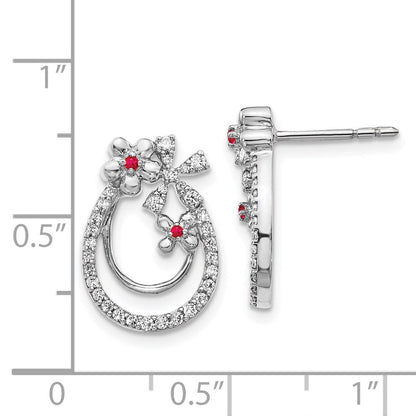 14K Weißgold Ohrringe mit echten Diamanten und Rubinen, Blumendesign