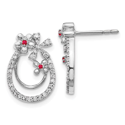 14K Weißgold Ohrringe mit echten Diamanten und Rubinen, Blumendesign