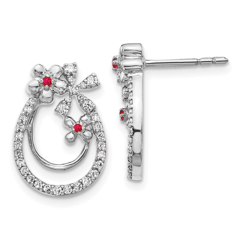 14K Weißgold Ohrringe mit echten Diamanten und Rubinen, Blumendesign