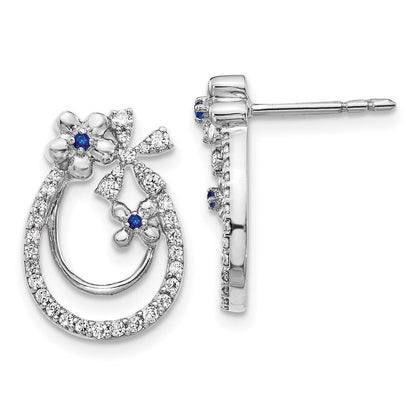 14K Weißgold Ohrringe mit echten Diamanten und Saphiren im Blumendesign