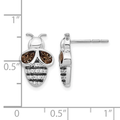 14K Weißgold Ohrringe mit echten Diamanten und Rauchquarz, Bienen-Design