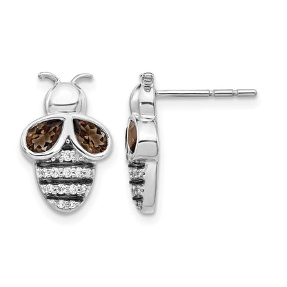 14K Weißgold Ohrringe mit echten Diamanten und Rauchquarz, Bienen-Design
