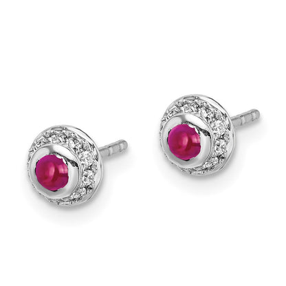 14K Weißgold Ohrringe mit echten Diamanten und Rubin-Cabochons