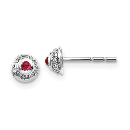 14K Weißgold Ohrringe mit echten Diamanten und Rubin-Cabochons