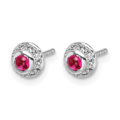 14K Weißgold Ohrringe mit echten Diamanten und Rubin-Cabochons