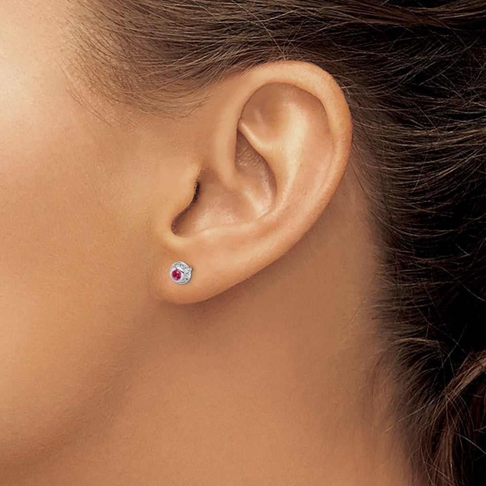 14K Weißgold Ohrringe mit echten Diamanten und Rubin-Cabochons