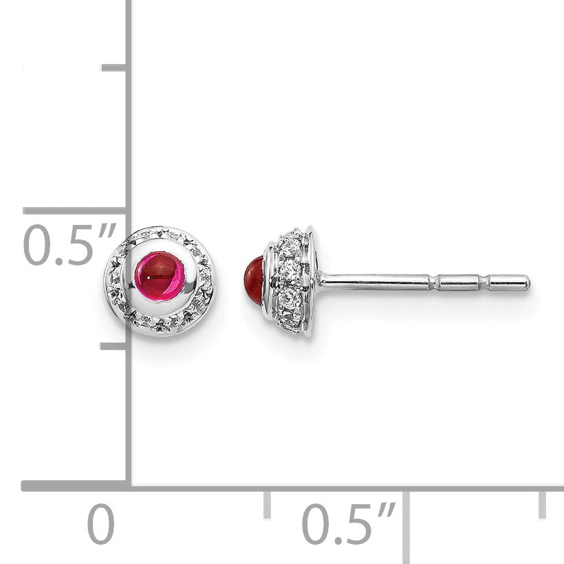 14K Weißgold Ohrringe mit echten Diamanten und Rubin-Cabochons