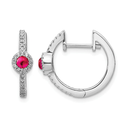 14K Weißgold Ohrringe mit echten Diamanten und Rubin-Cabochons