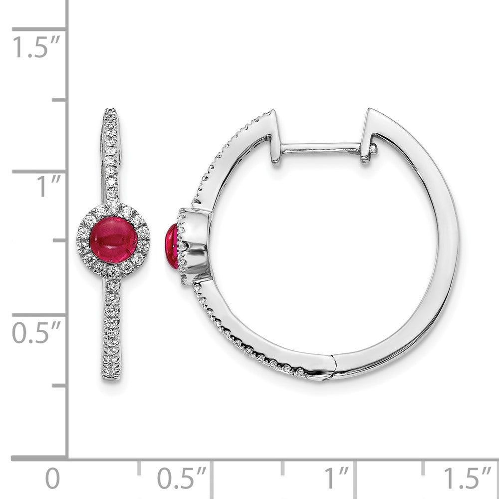 14K Weißgold Creolen mit echten Diamanten und Rubin-Cabochons