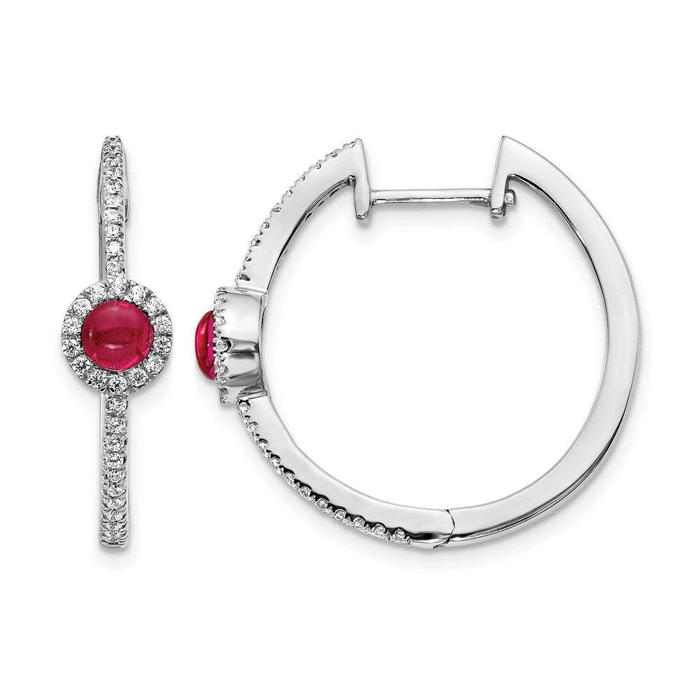 14K Weißgold Creolen mit echten Diamanten und Rubin-Cabochons