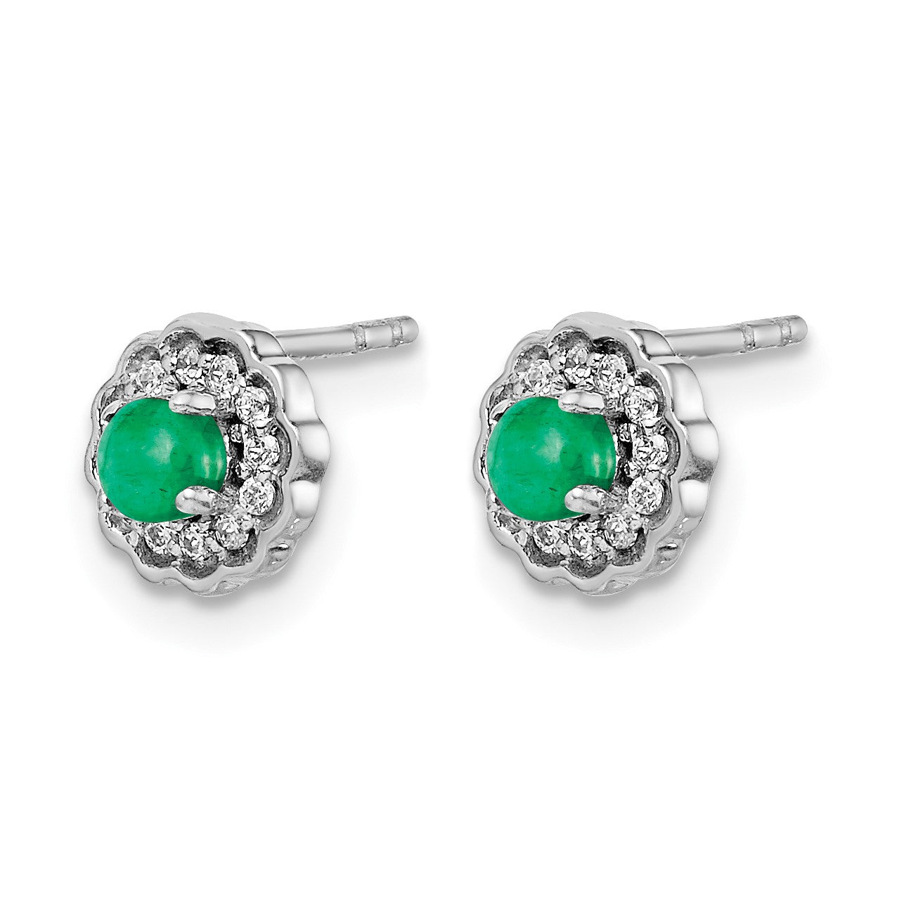 14K Weißgold Ohrringe mit echten Diamanten und Smaragd-Cabochons