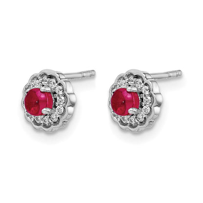 14K Weißgold Ohrringe mit echten Diamanten und Rubin-Cabochons