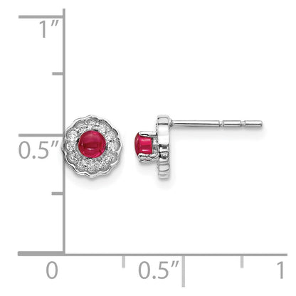 14K Weißgold Ohrringe mit echten Diamanten und Rubin-Cabochons