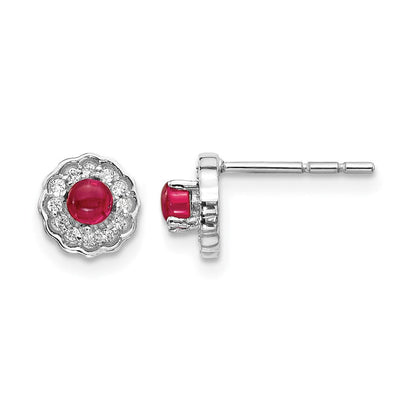 14K Weißgold Ohrringe mit echten Diamanten und Rubin-Cabochons
