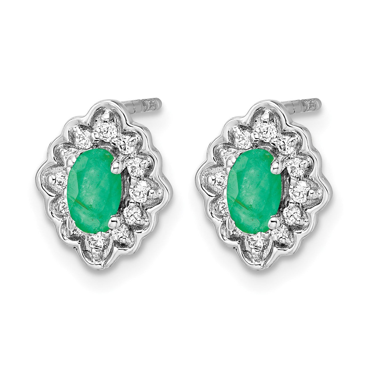 14K Weißgold Ohrringe mit echten Diamanten und Cabochon-Smaragden
